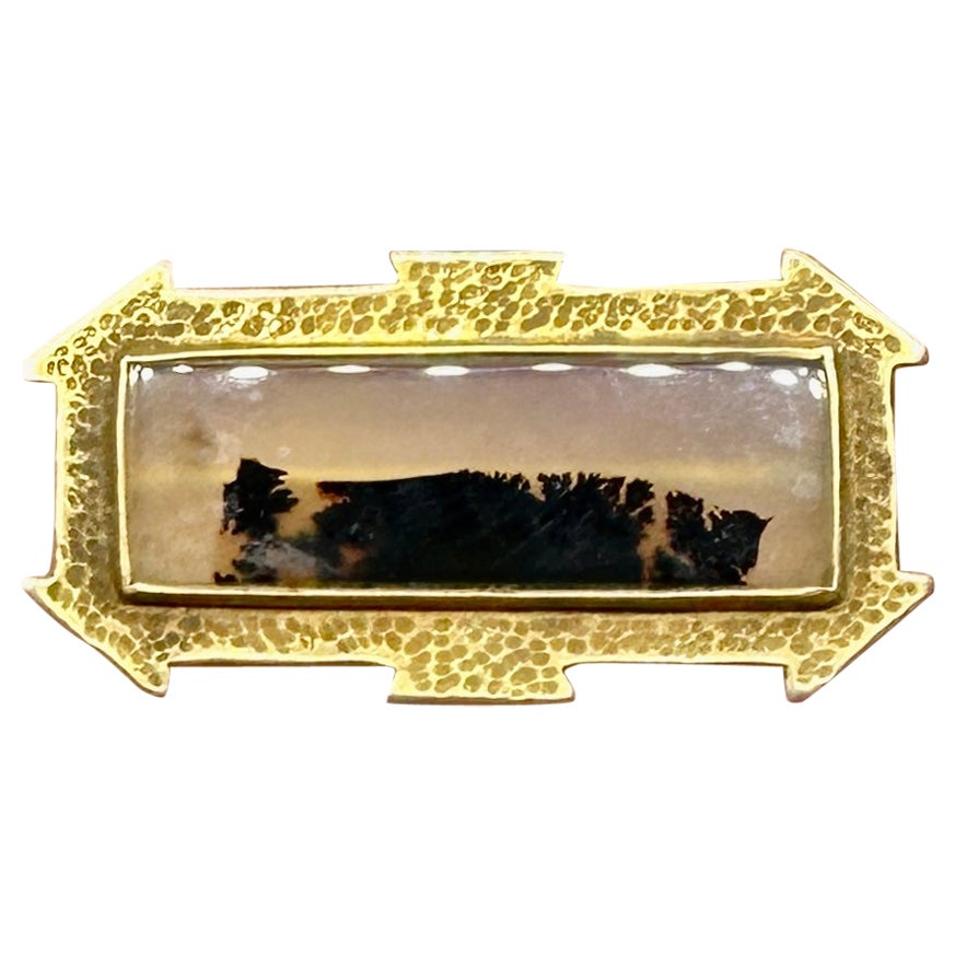 Victorian Picture Agate Brooch Gold Etruscan Revival Moss Agate Forest Scene For Sale