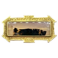 Antique Victorian Picture Agate Brooch Gold Etruscan Revival Moss Agate Forest Scene