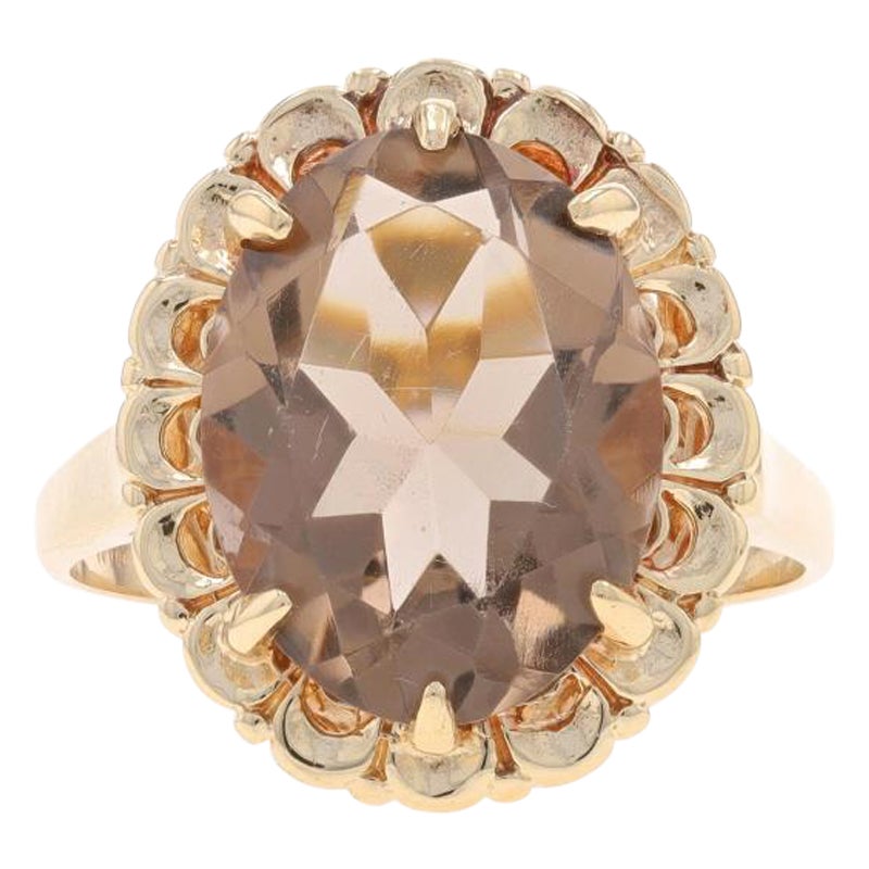 Yellow Gold Smoky Quartz Vintage Cocktail Solitaire Ring -10k Oval 6.95ct Floral For Sale