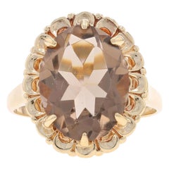 Yellow Gold Smoky Quartz Vintage Cocktail Solitaire Ring -10k Oval 6.95ct Floral