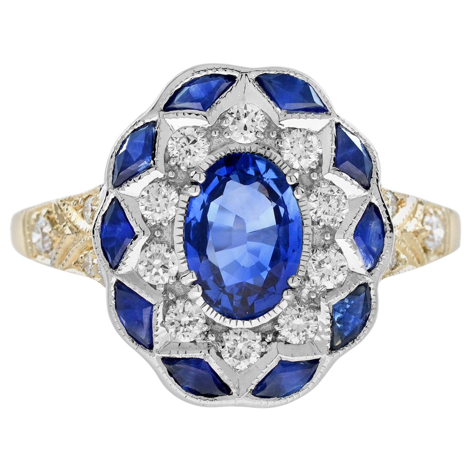 Ceylon Sapphire Diamond Antique Style Engagement Ring in 18K Two Tone Gold For Sale