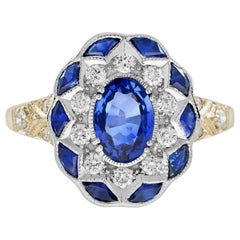 Ceylon Sapphire Diamond Antique Style Engagement Ring in 18K Two Tone Gold