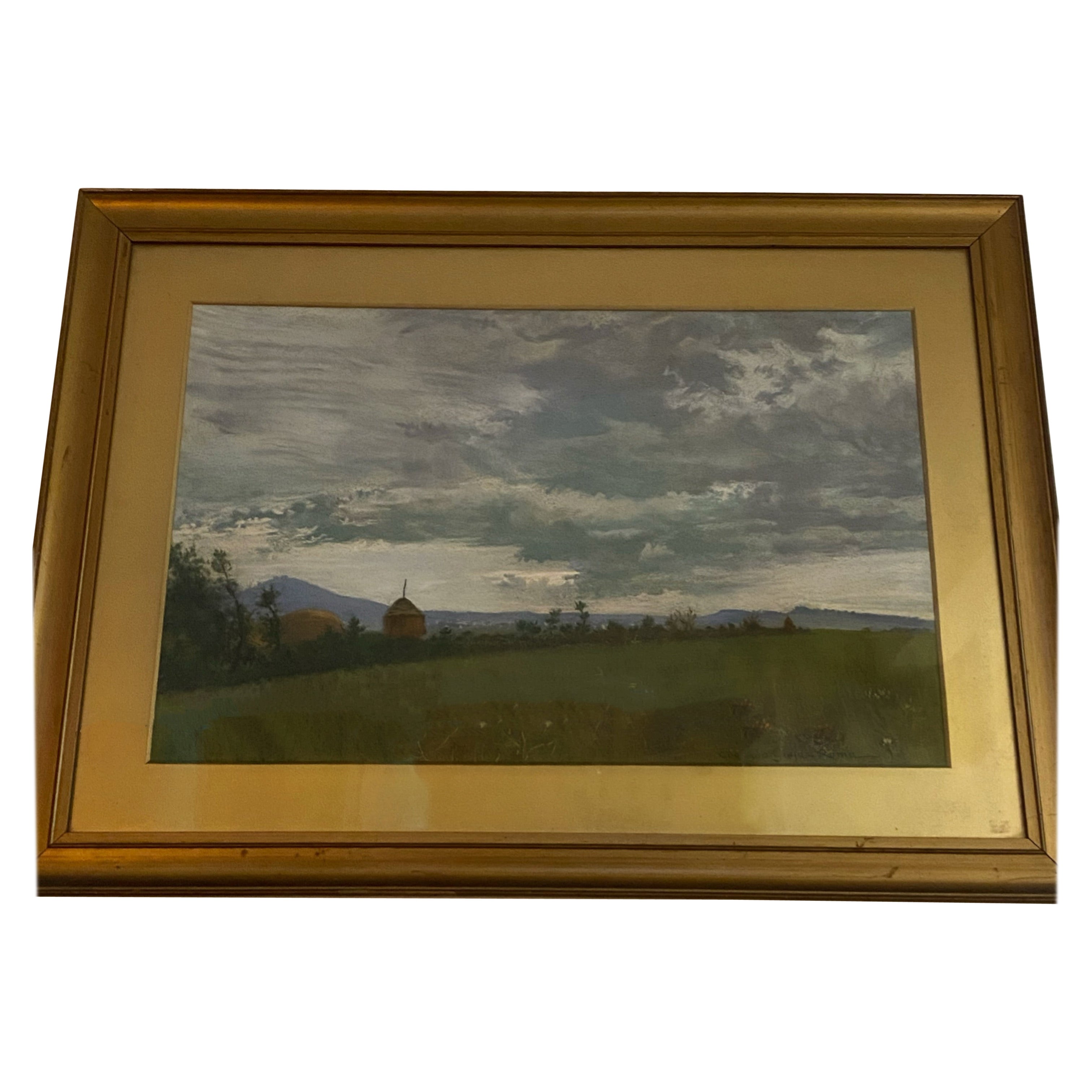 Edoardo Gioja - Roma "Roman Countryside" XIXc Pastel on Paper Framed Painting. For Sale
