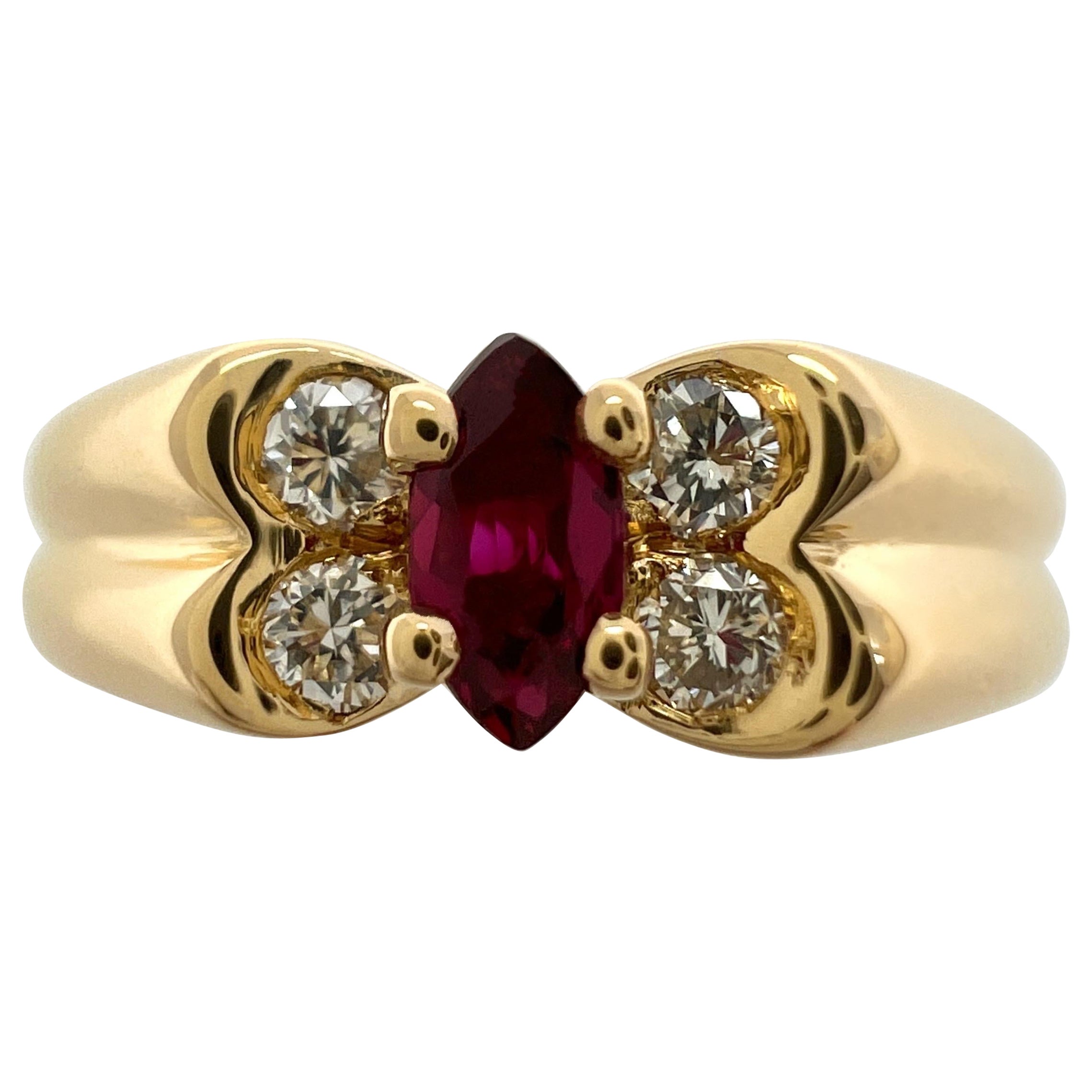 Vintage Van Cleef & Arpels Fine Vivid Red Ruby & Diamond Butterfly Marquise Ring For Sale