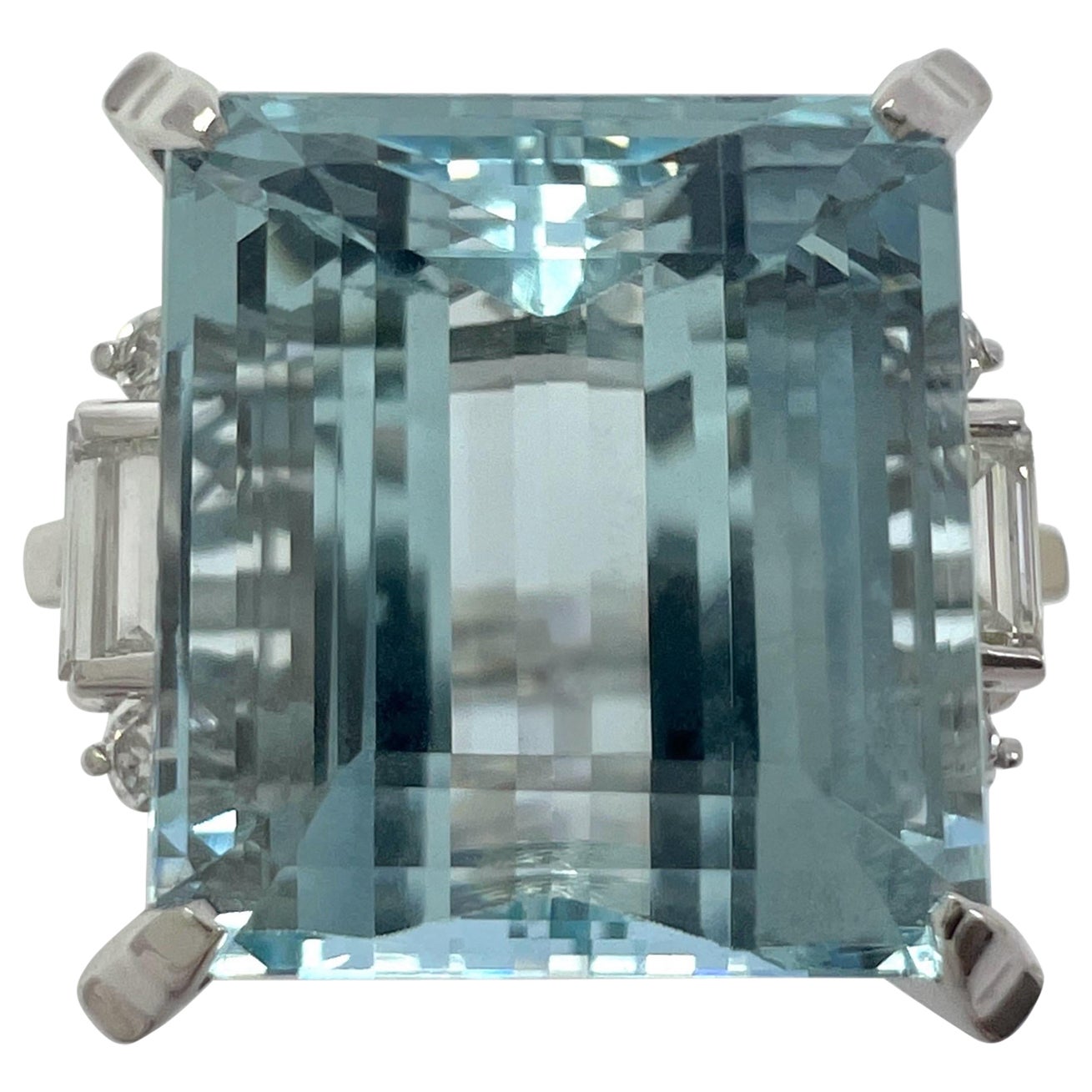 10.25 Carat Light Blue Emerald Cut Aquamarine And Diamond Platinum Art Deco Ring For Sale