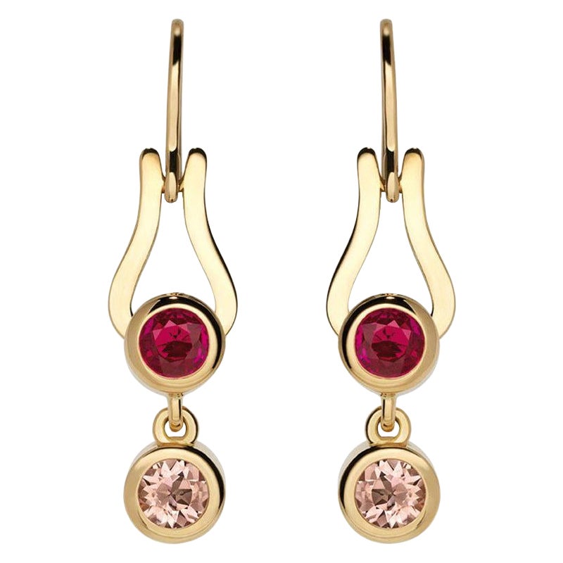 Nathalie Jean Contemporary Ruby Tourmaline Gold Articulated Drop Dangle Earrings For Sale