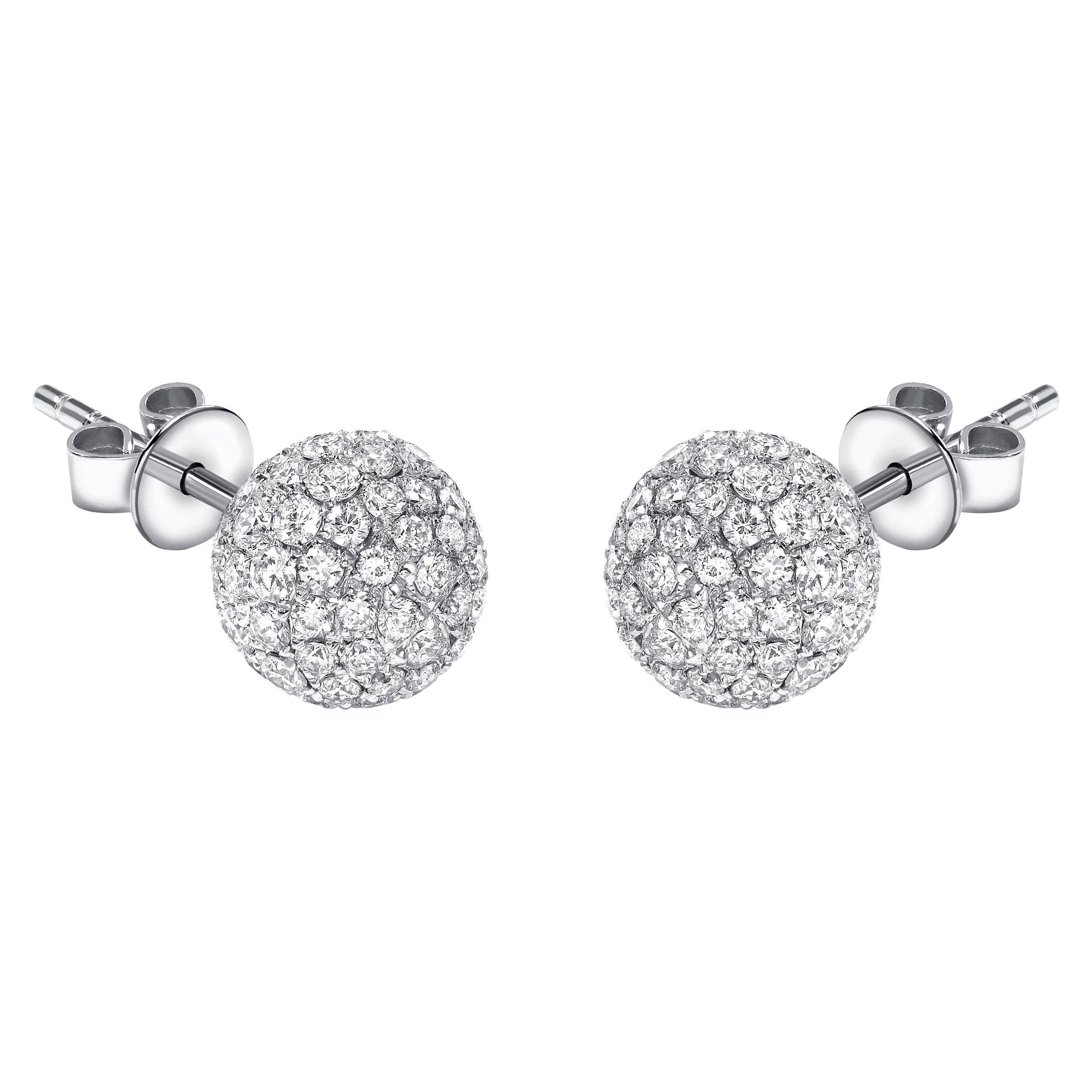 1.75 Carat Round Tresor Paris 8mm Diamond 18 Kt White Gold Ball Stud Earrings For Sale