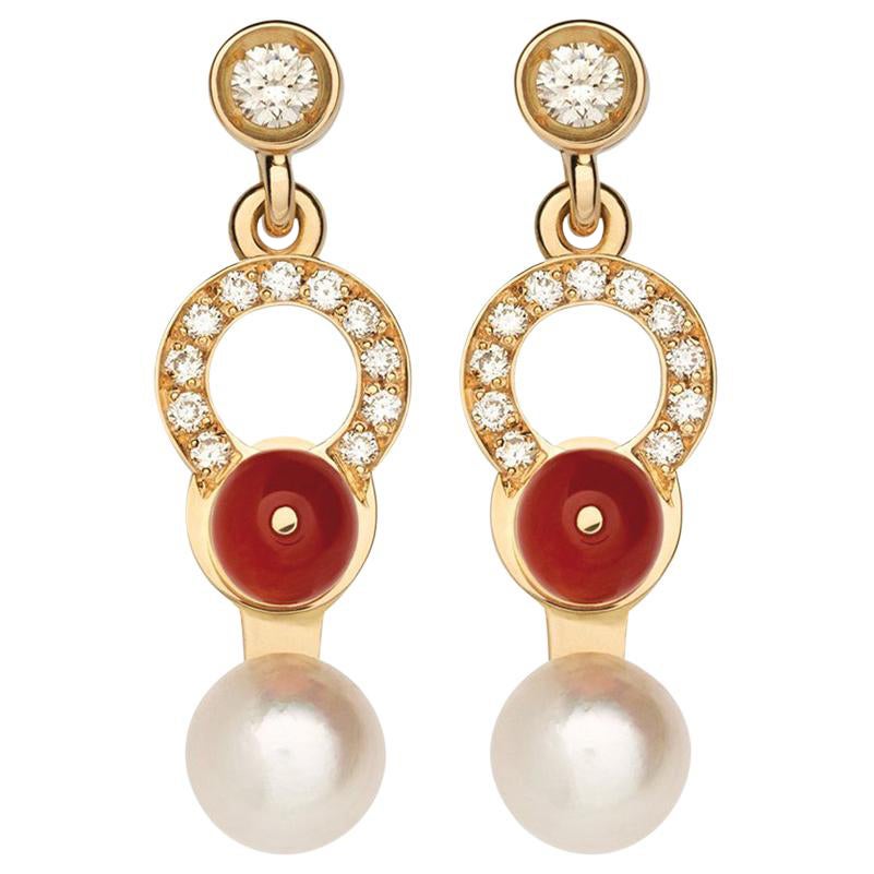 Nathalie Jean 0.21 Carat Diamond Pearl Carnelian Gold Drop Dangle Earrings For Sale