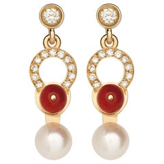 Nathalie Jean 0.21 Carat Diamond Pearl Carnelian Gold Drop Dangle Earrings