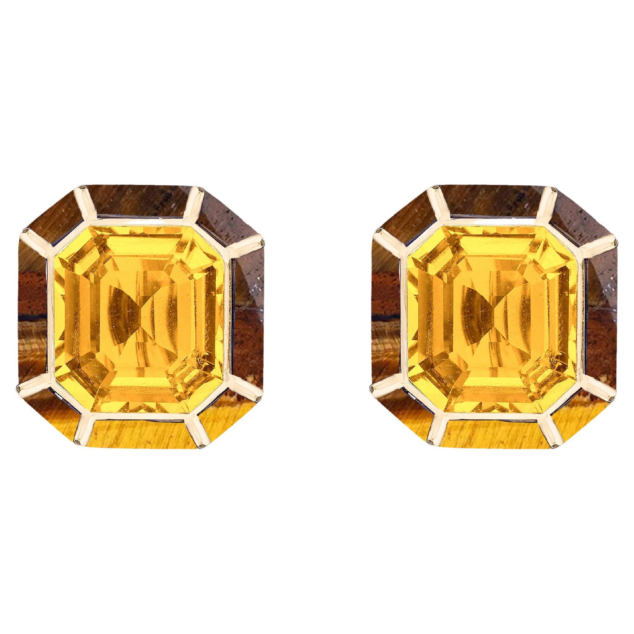 Clous d'oreilles Goshwara incrustés de citrine et d'œil de tigre