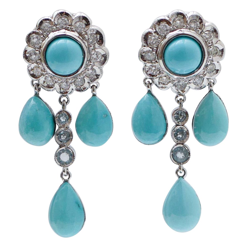 Aquamarine, Turquoise, Diamonds, Platinum Earrings.