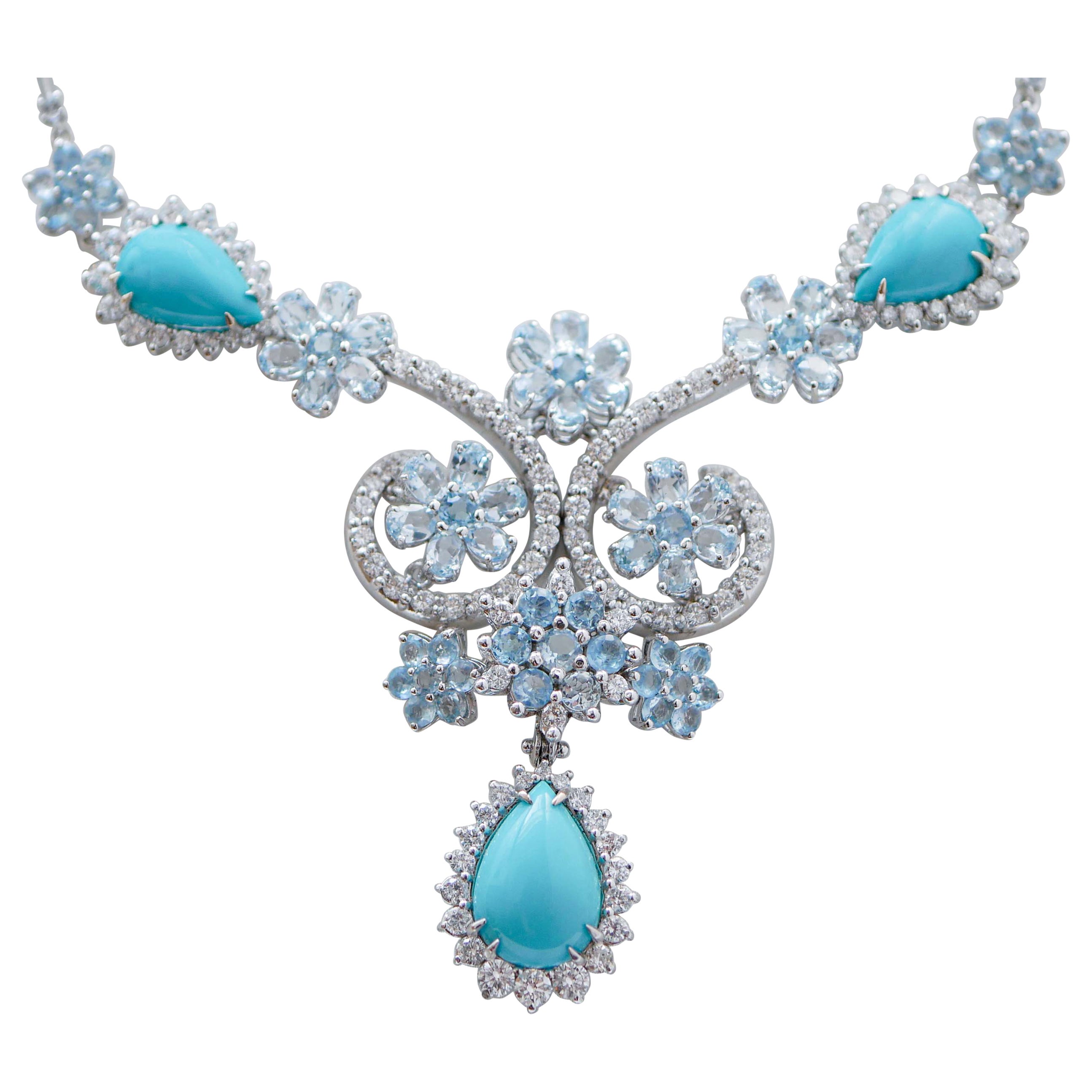 Aquamarine Colour Topazs, Diamonds, Turquoise, 18 Karat White Gold Necklace.