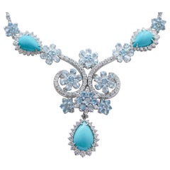 Retro Aquamarine Colour Topazs, Diamonds, Turquoise, 18 Karat White Gold Necklace.