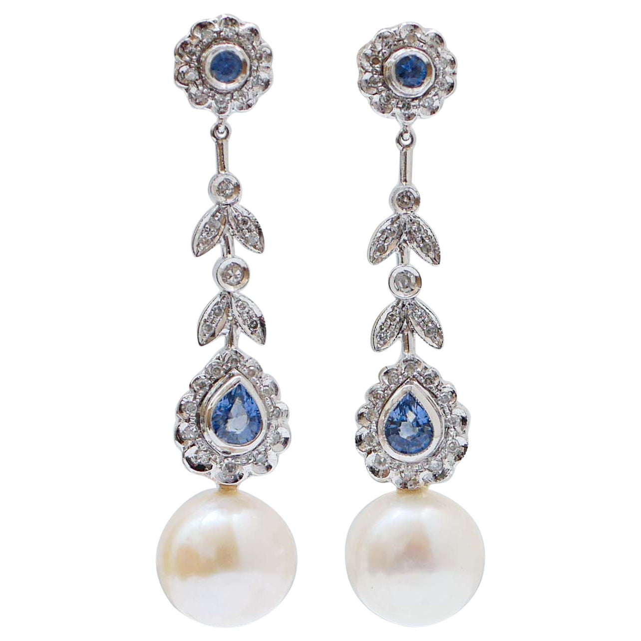 White Pearls, Sapphires, Diamonds, Platinum Earrings. For Sale