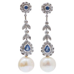 Vintage White Pearls, Sapphires, Diamonds, Platinum Earrings.