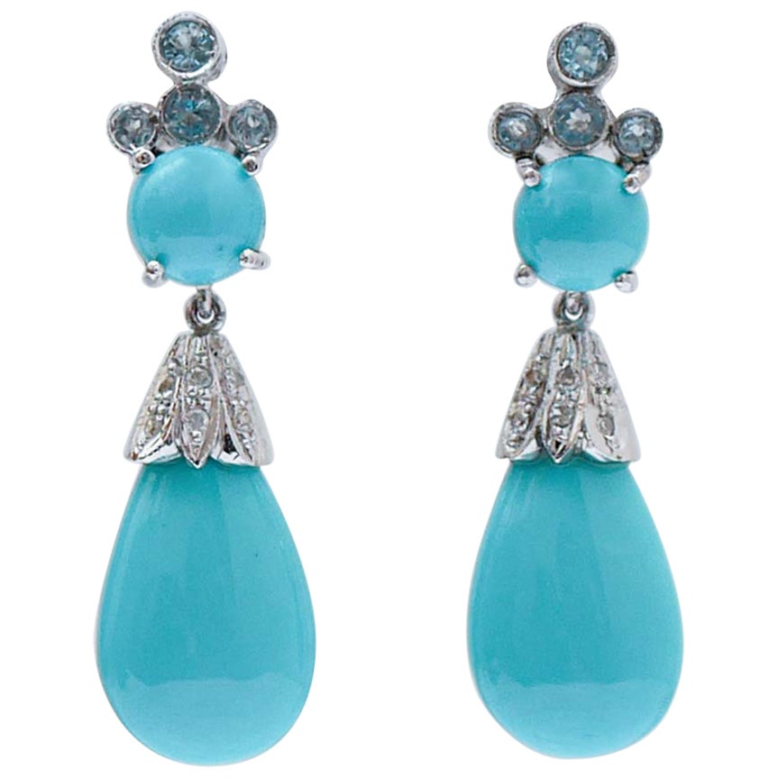 Turquoise, aigue-marine, diamants, platine Boucles d'oreilles. en vente