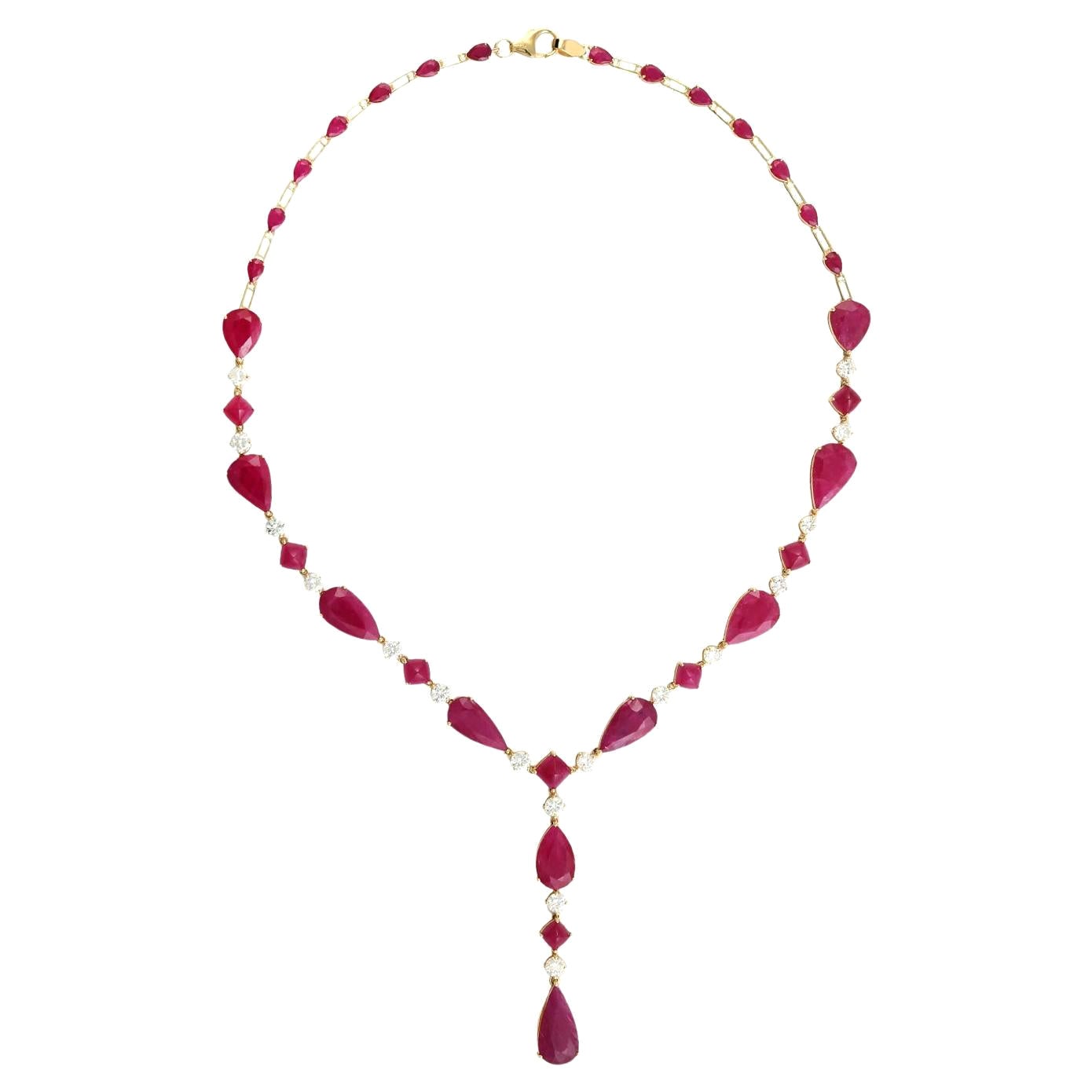 Tear Drop Mozambique Ruby Link Necklace With Diamonds Made In 18k Yellow Gold For Sale