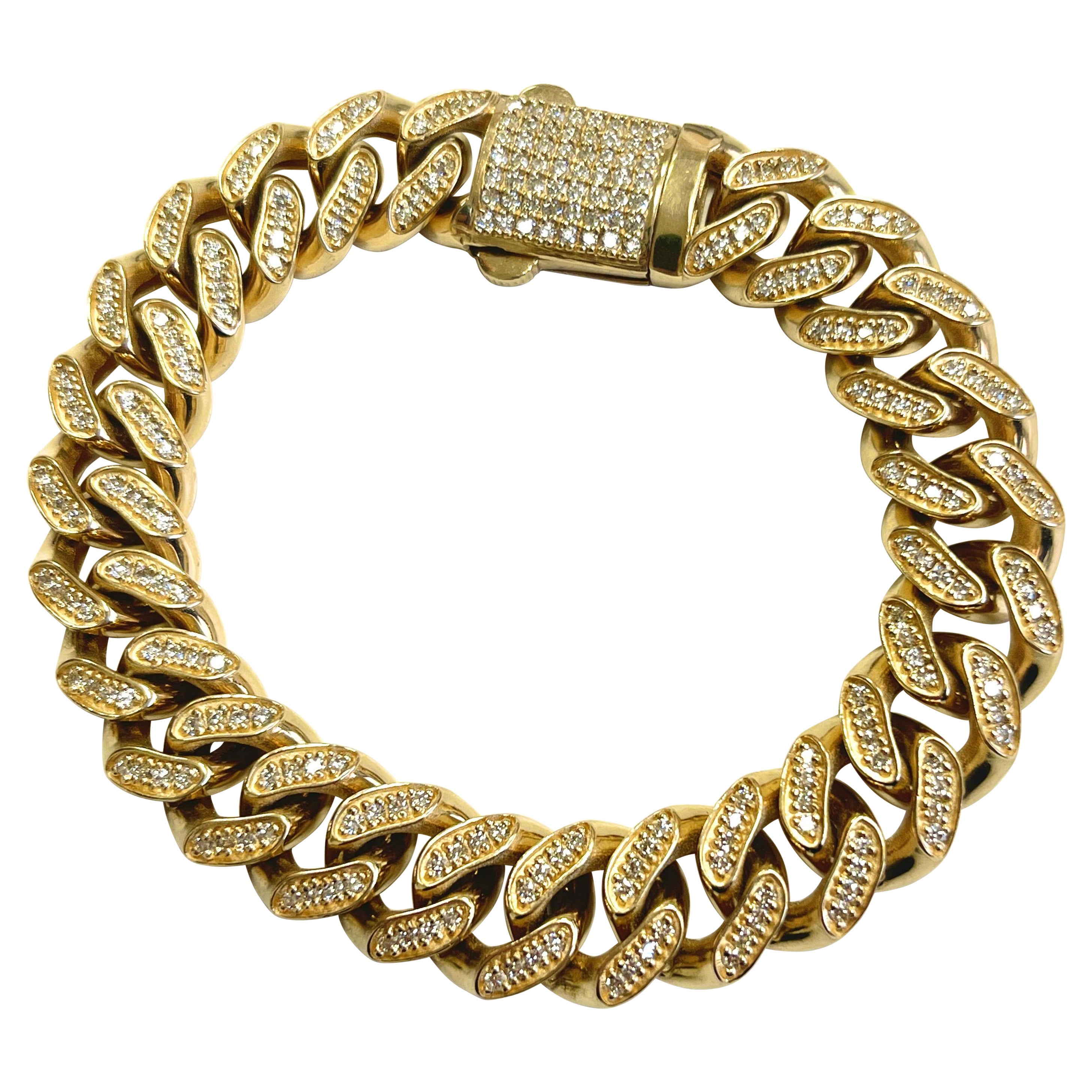 4.70 Carats Natural Diamond Cuban Link Bracelet in 14K Yellow Gold For Sale