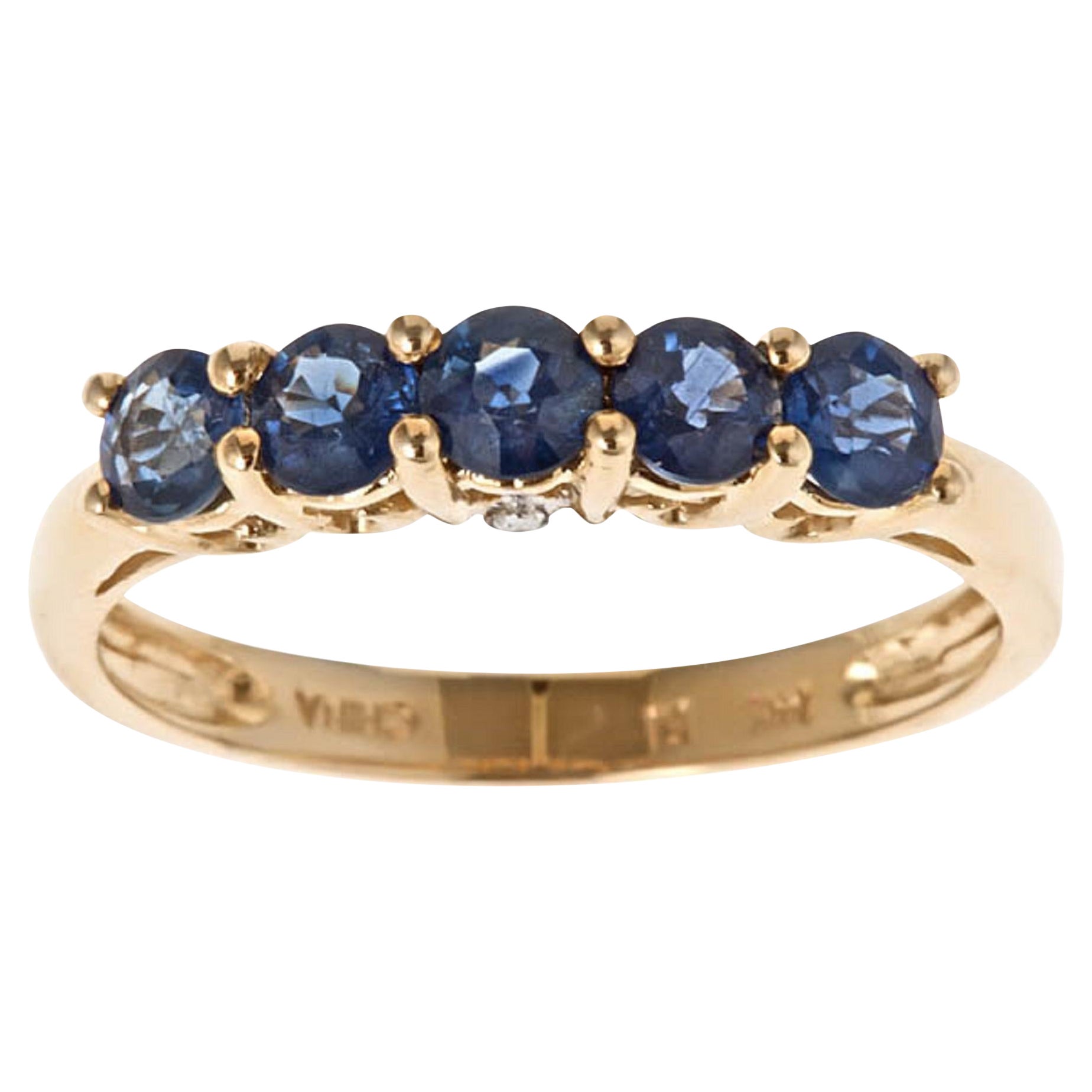 1.13 Carat Round Cut Blue Sapphire Diamond Accents 14K Yellow Gold Ring