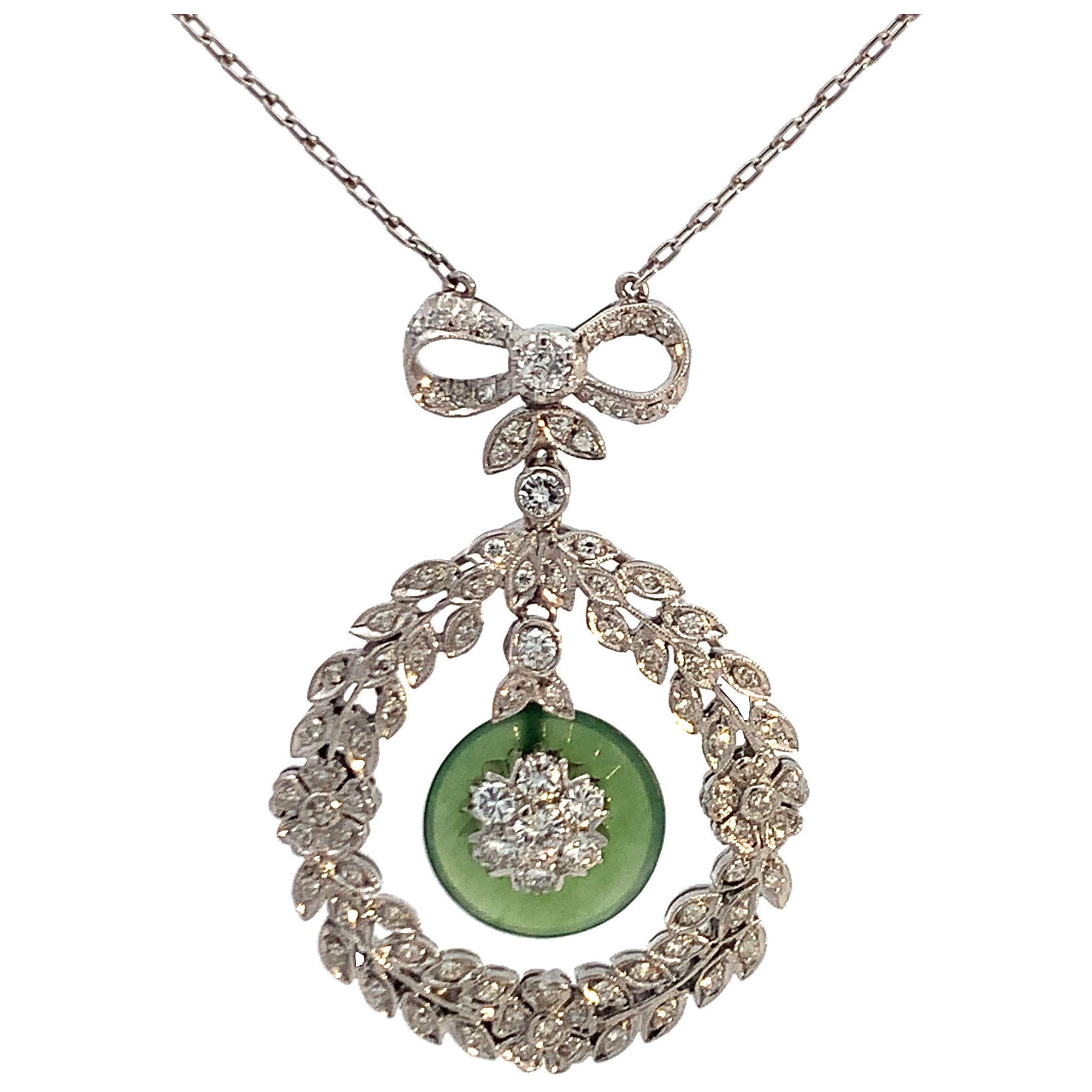 Art Deco Diamond and Jade Pendant Necklace For Sale