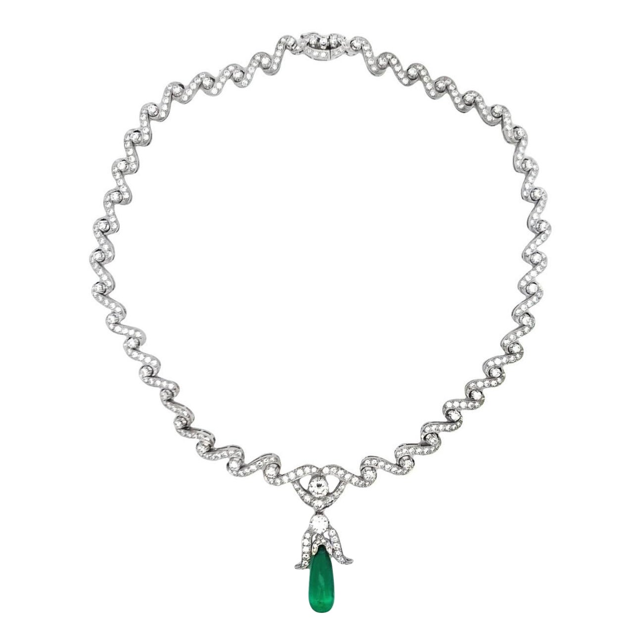 Diamond and Emerald Drop Necklace  For Sale