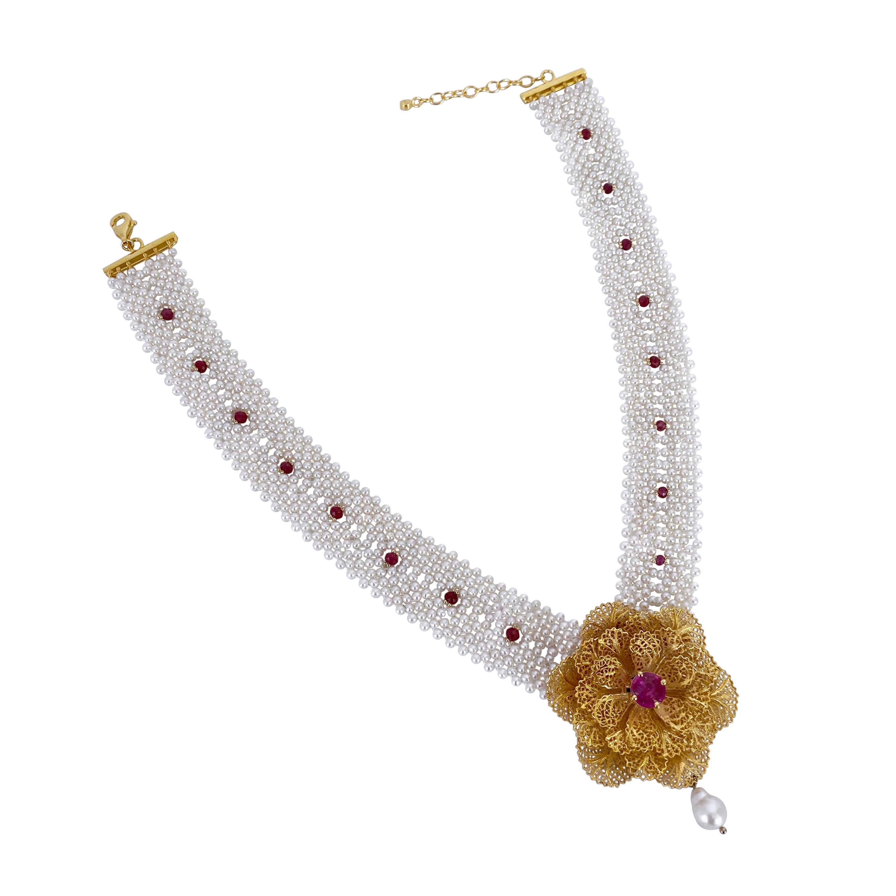 Marina J., collier tissé en perles, rubis et topaze rose, unique en son genre