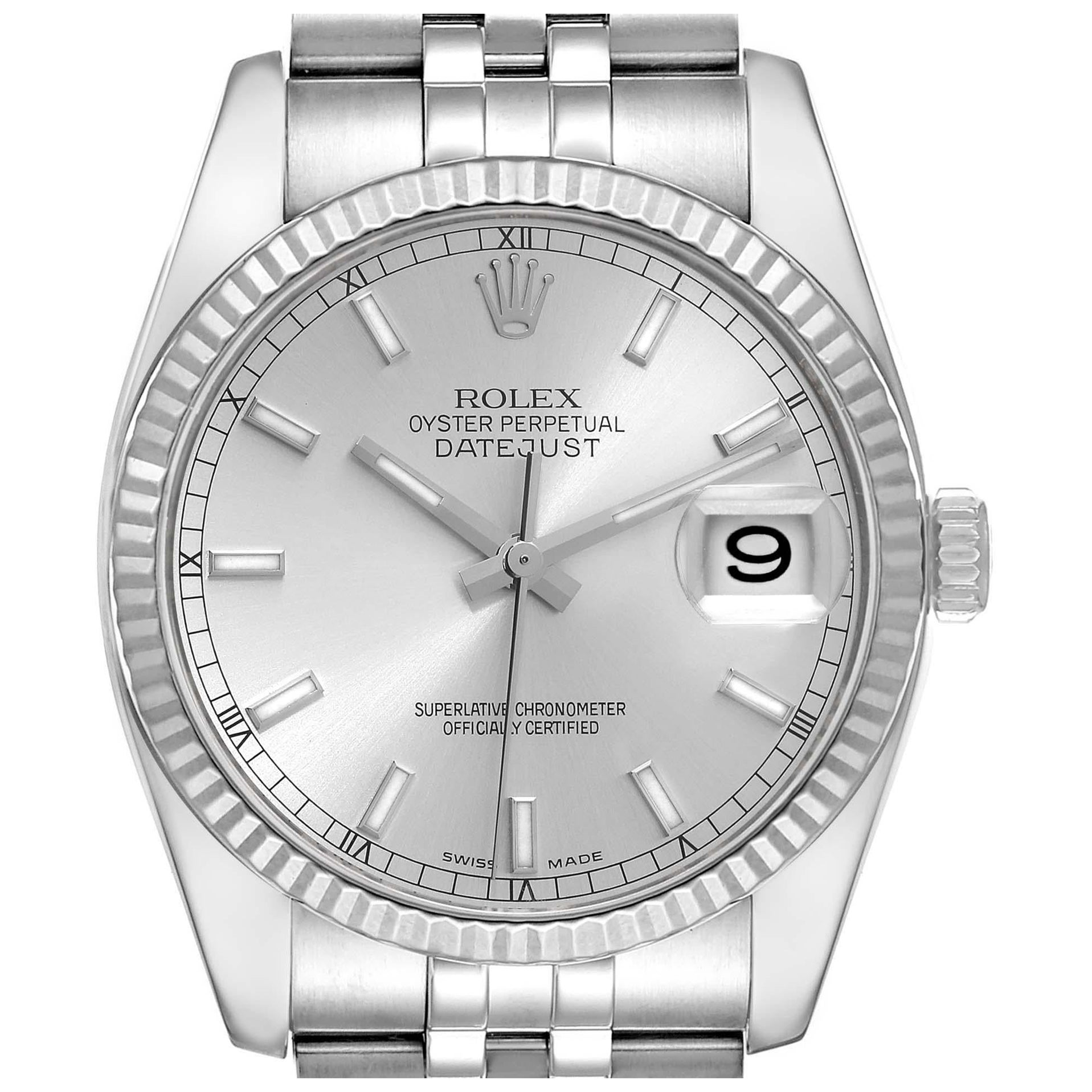 Rolex Datejust Steel White Gold Silver Dial Mens Watch 116234 Box Papers en vente