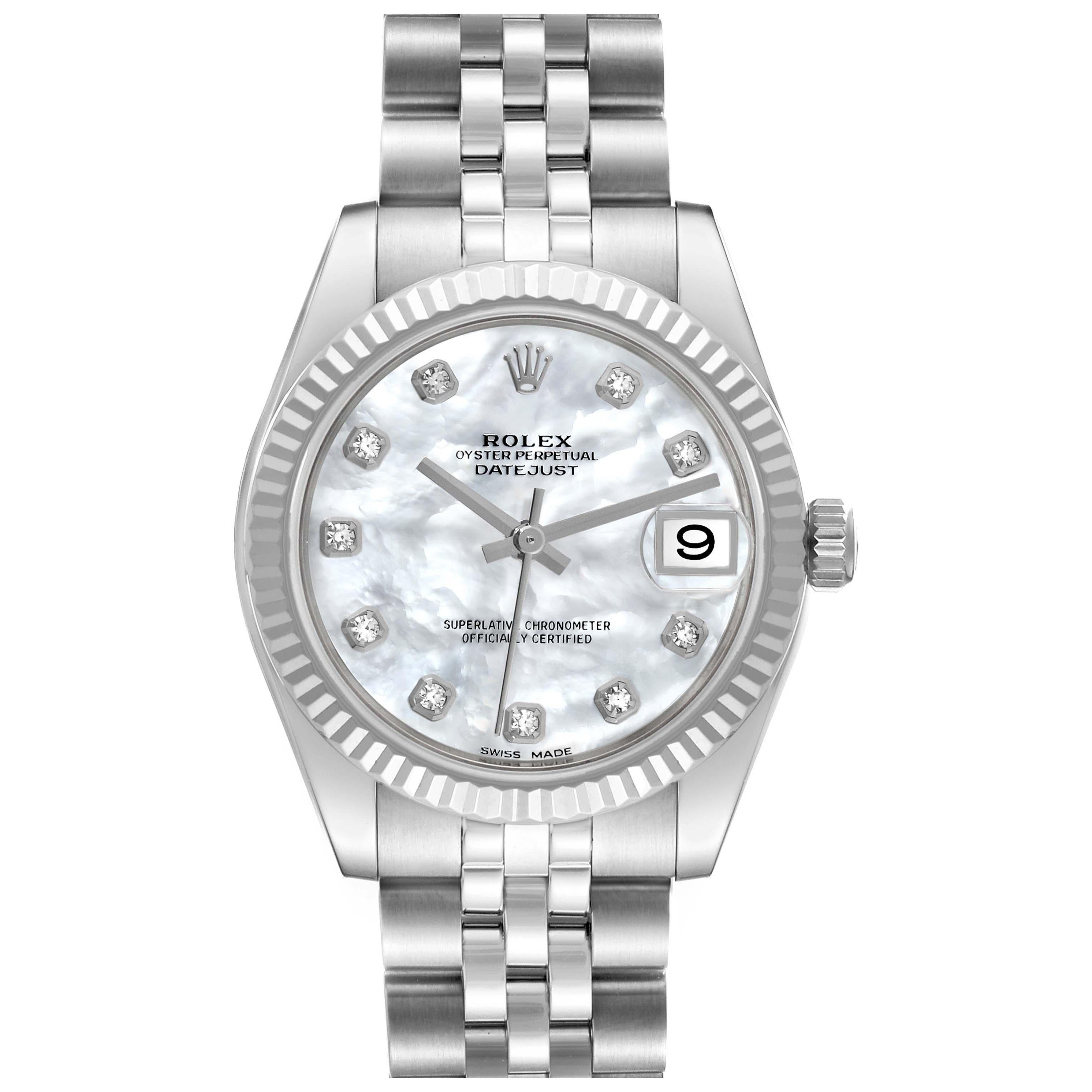 Rolex Datejust Midsize Mother Of Pearl Diamond Dial Steel White Gold Watch For Sale