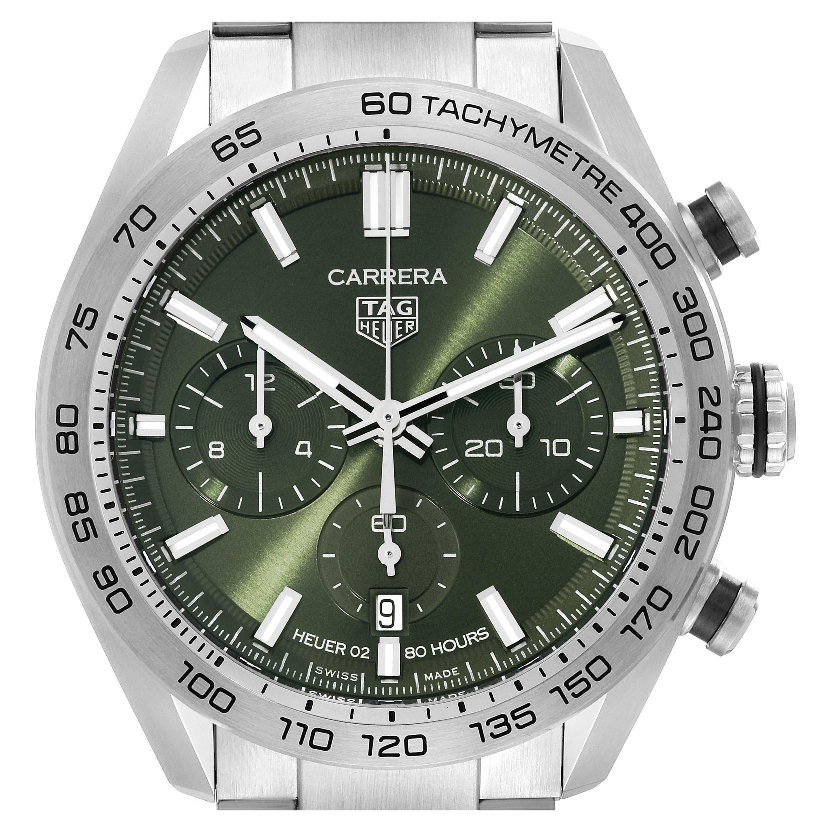 Tag Heuer Carrera Chronograph Green Dial Steel Mens Watch CBN2A10 Box Card For Sale