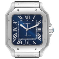 Cartier Santos Blue Dial Steel Mens Watch WSSA0030 Box Card