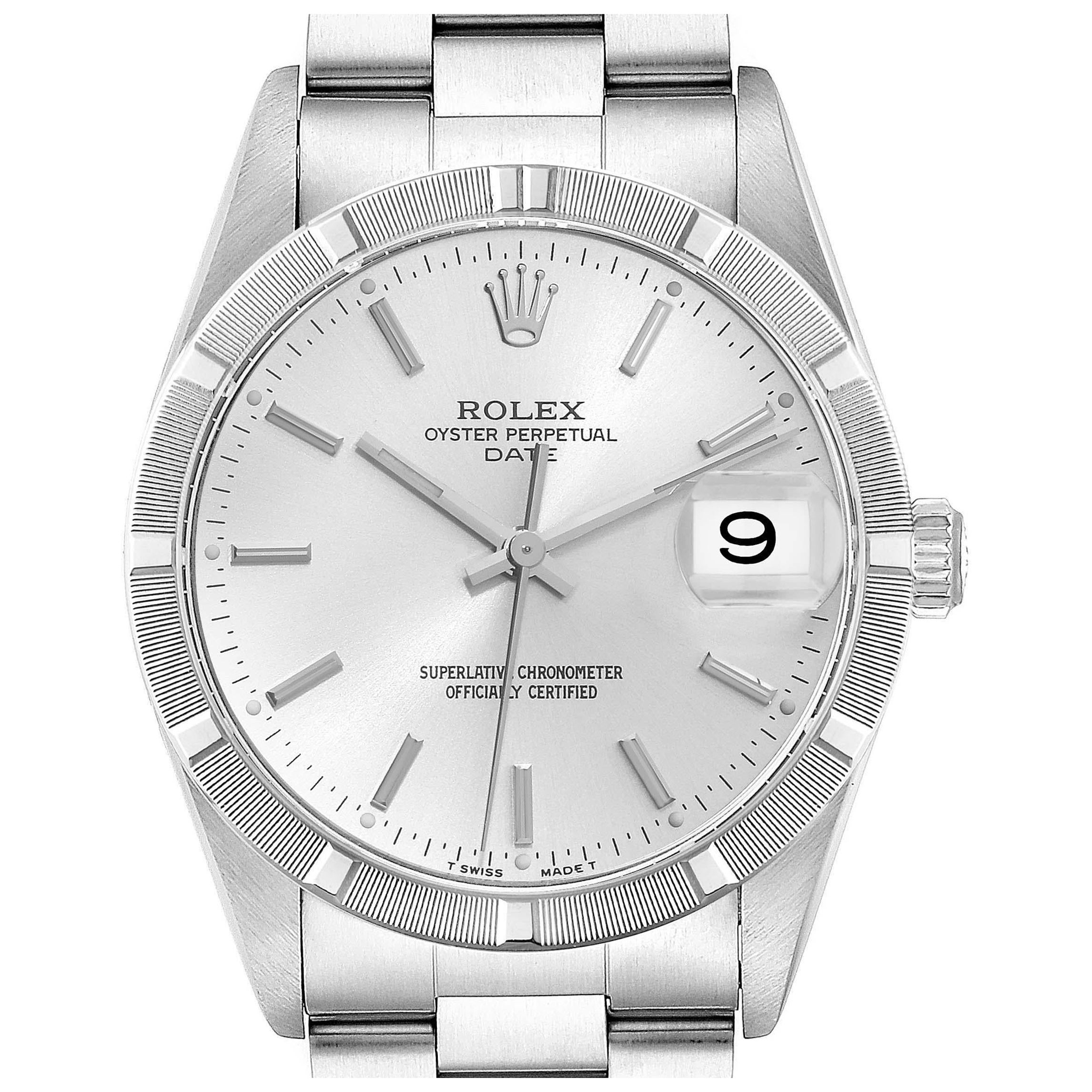 Rolex Date Silver Dial Engine Turned Bezel Steel Mens Watch 15210 For Sale