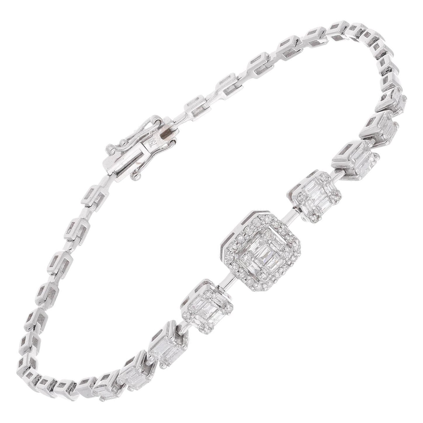 0.76 Carat SI/HI Round Baguette Diamond Fine Charm Bracelet 18 Karat White Gold For Sale