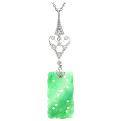 Antique 4.60 Carat Jadeite and Diamond 18k White Gold Pendant