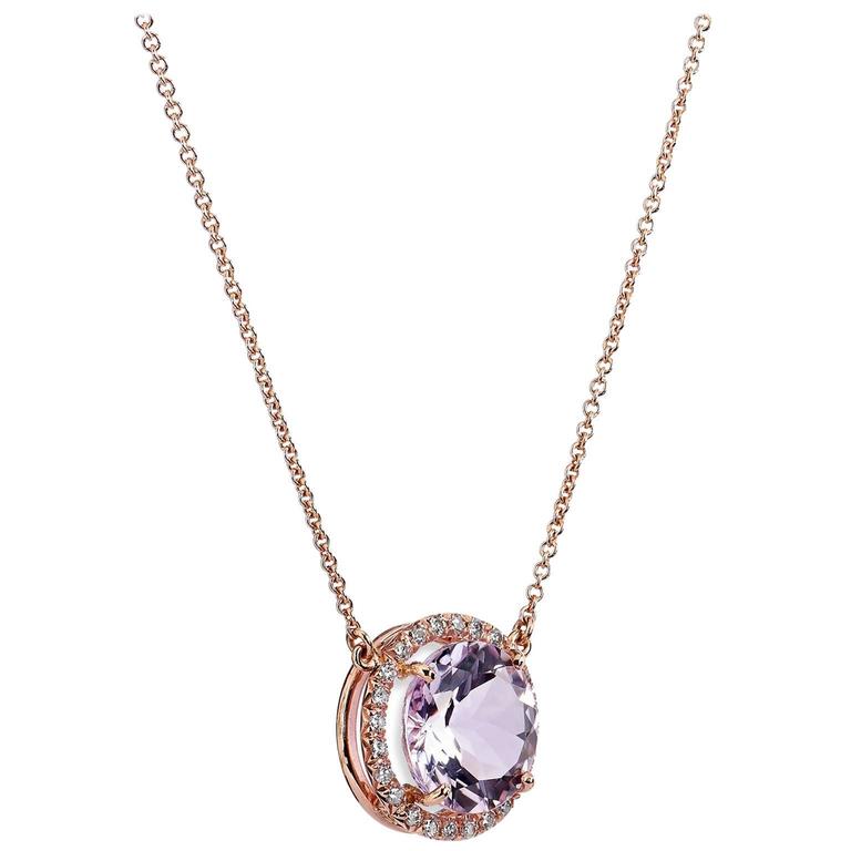 Rose de France Amethyst Diamond Gold Pendant Necklace For Sale at 1stdibs
