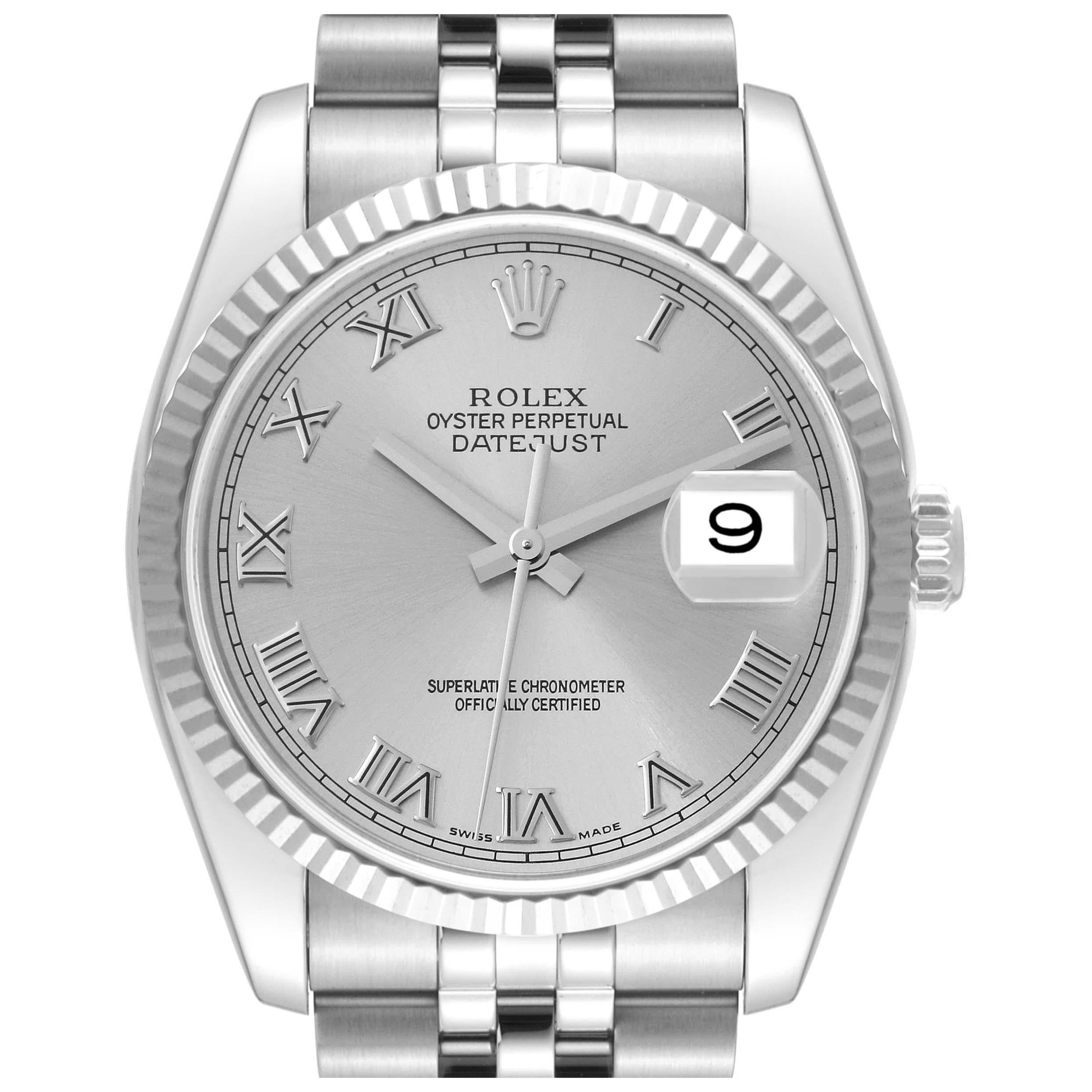 Rolex Datejust Steel White Gold Silver Roman Dial Mens Watch 116234 For Sale