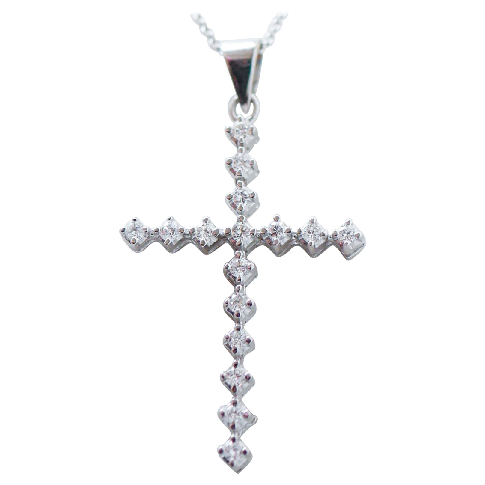 Diamonds, 18 Karat White Gold Cross Pendant Necklace.