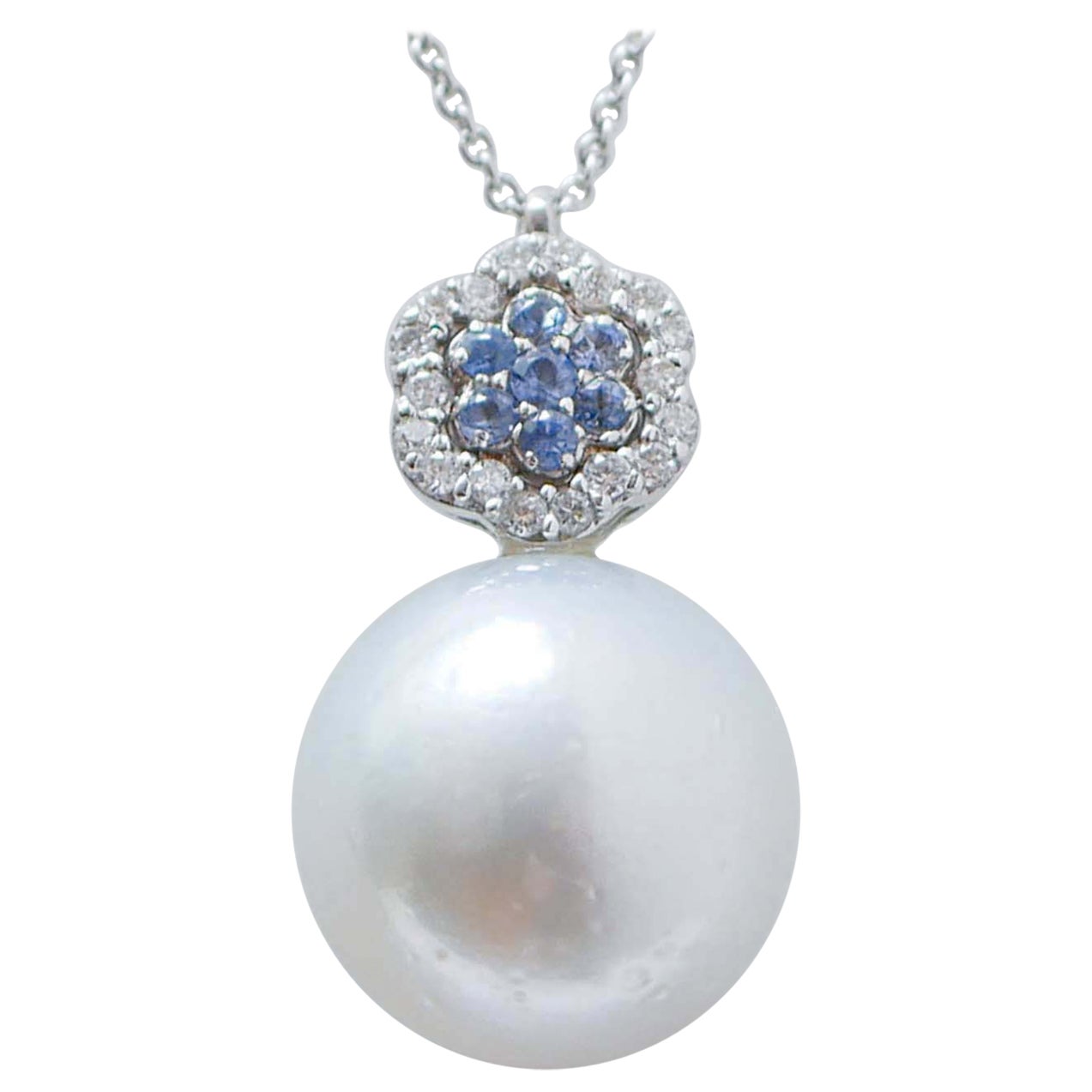 South-Sea Pearl, Sapphires, Diamonds, 18 Karat White Gold Pendant Necklace.