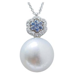 South-Sea Pearl, Sapphires, Diamonds, 18 Karat White Gold Pendant Necklace.