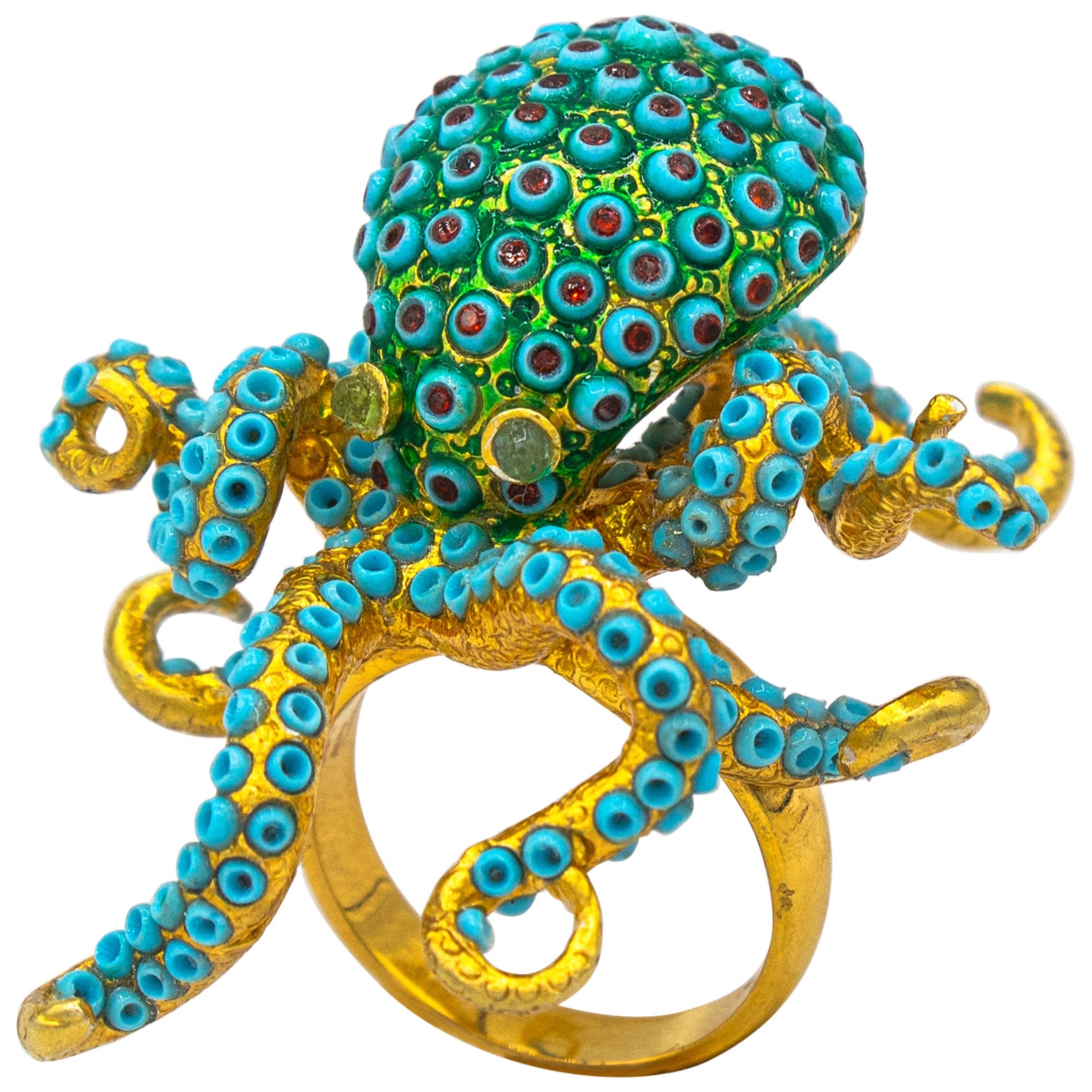 Art Nouveau Handcrafted Turquoise Emerald Yellow Gold "Octopus" Cocktail Ring For Sale