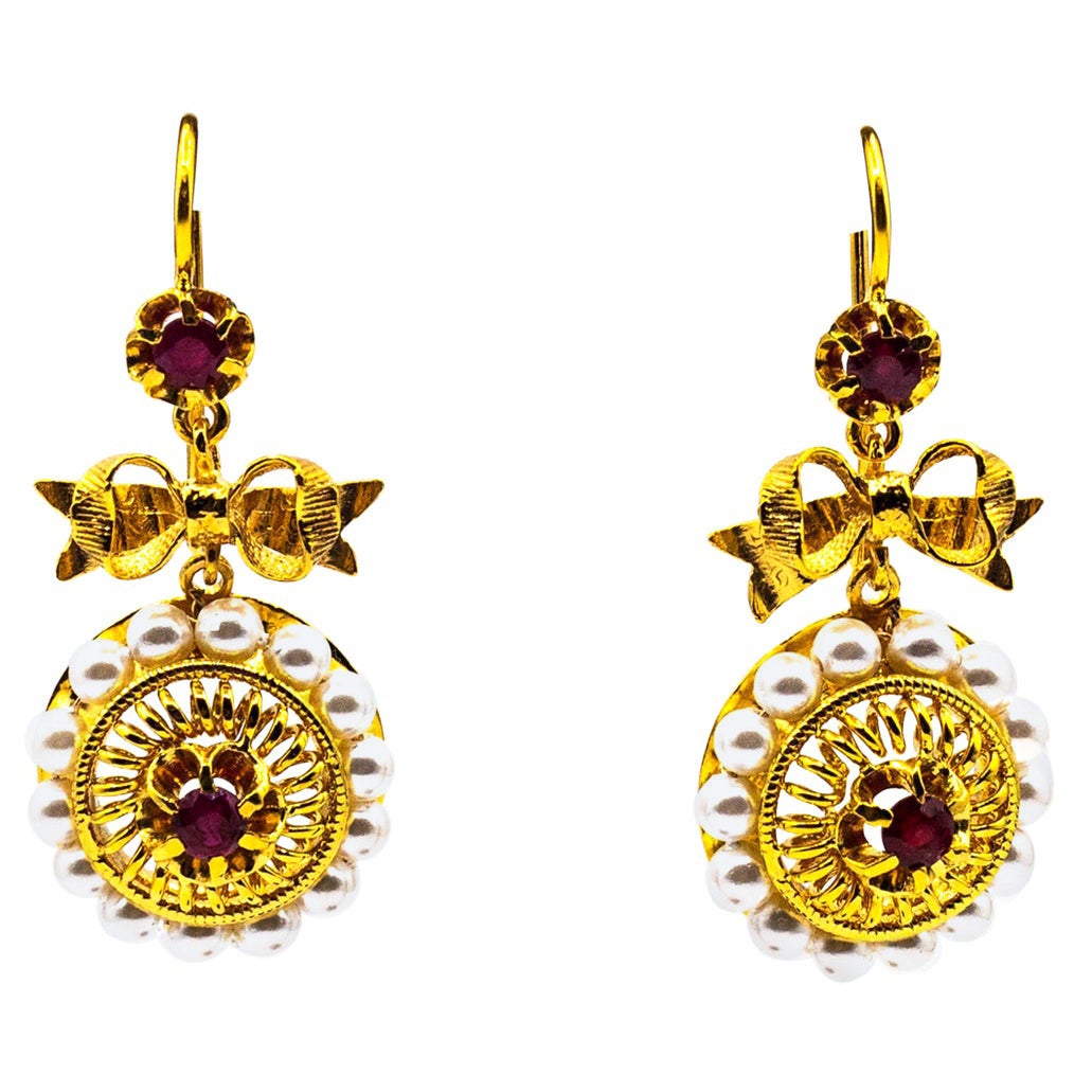 Art Deco Style Micro Pearls 0.70 Carat Ruby Yellow Gold Drop Stud Earrings For Sale