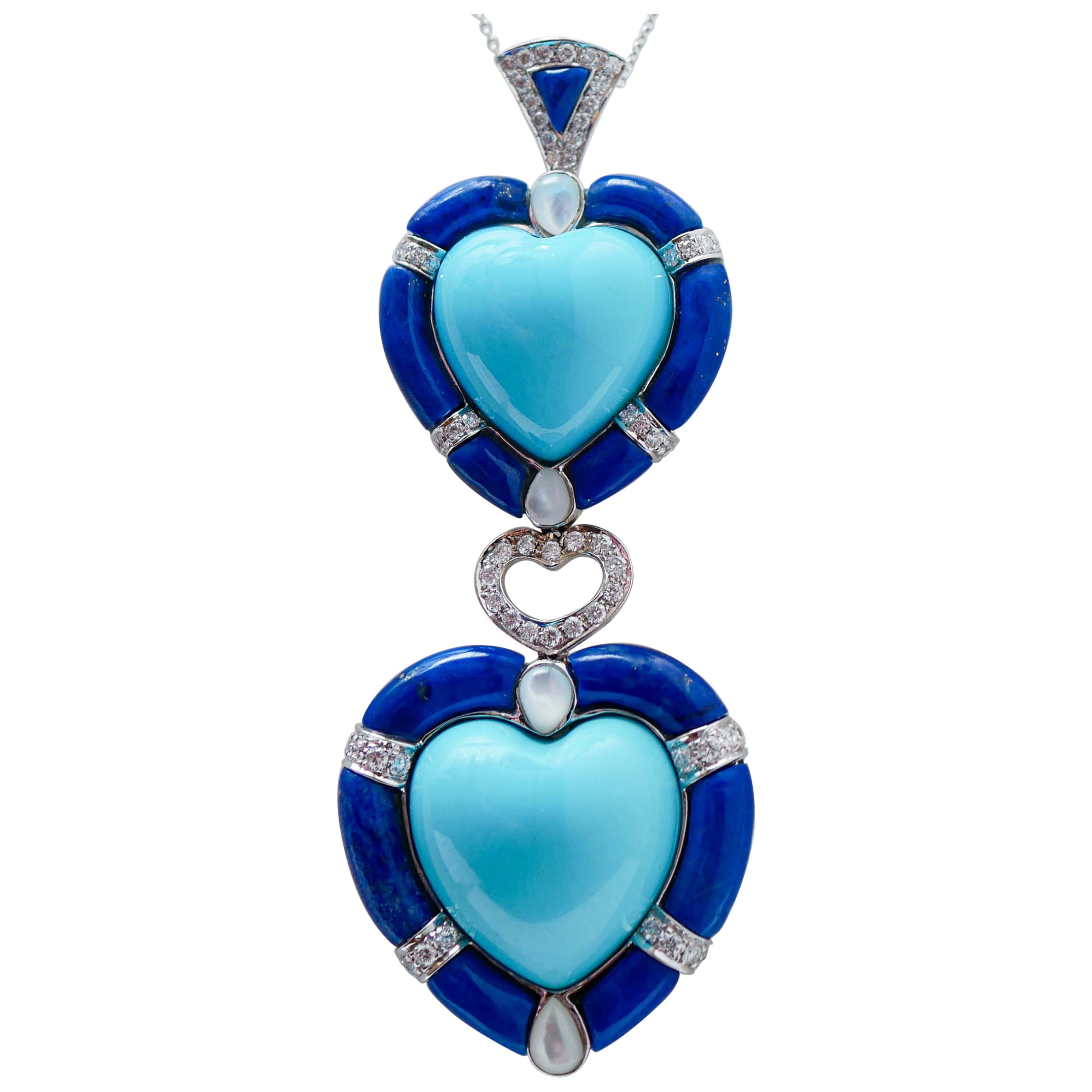 Turquoise, Lapis, White Stones, Diamonds, 18 Karat White Gold Pendant Necklace. For Sale