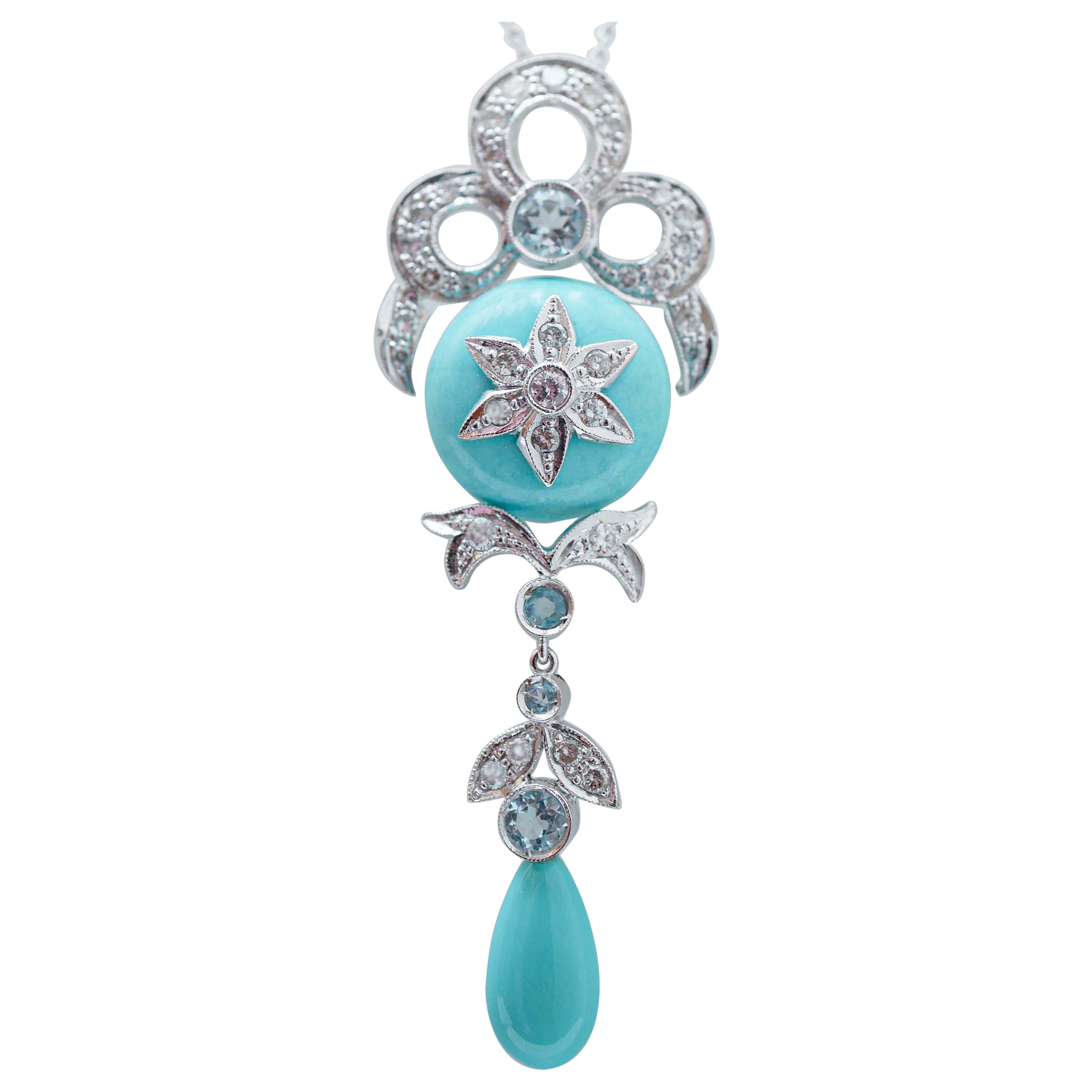 Turquoise, Aquamarine Colour Topazs, Diamonds, Platinum Pendant Necklace. For Sale