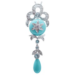 Turquoise, Aquamarine Colour Topazs, Diamonds, Platinum Pendant Necklace.
