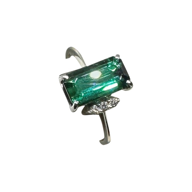 Green Tourmaline Diamond Ring 18 Karat White Gold Engagement Cocktail Ring For Sale