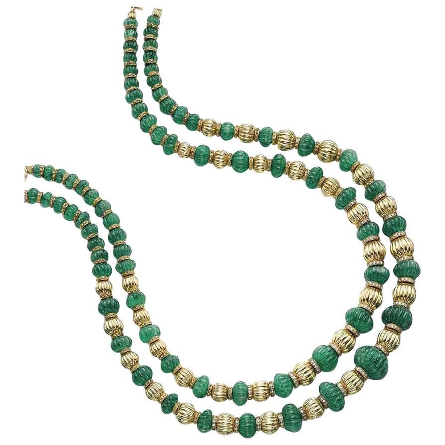 1970s Meister Emerald Beads and Gold Rondelles Necklace  For Sale