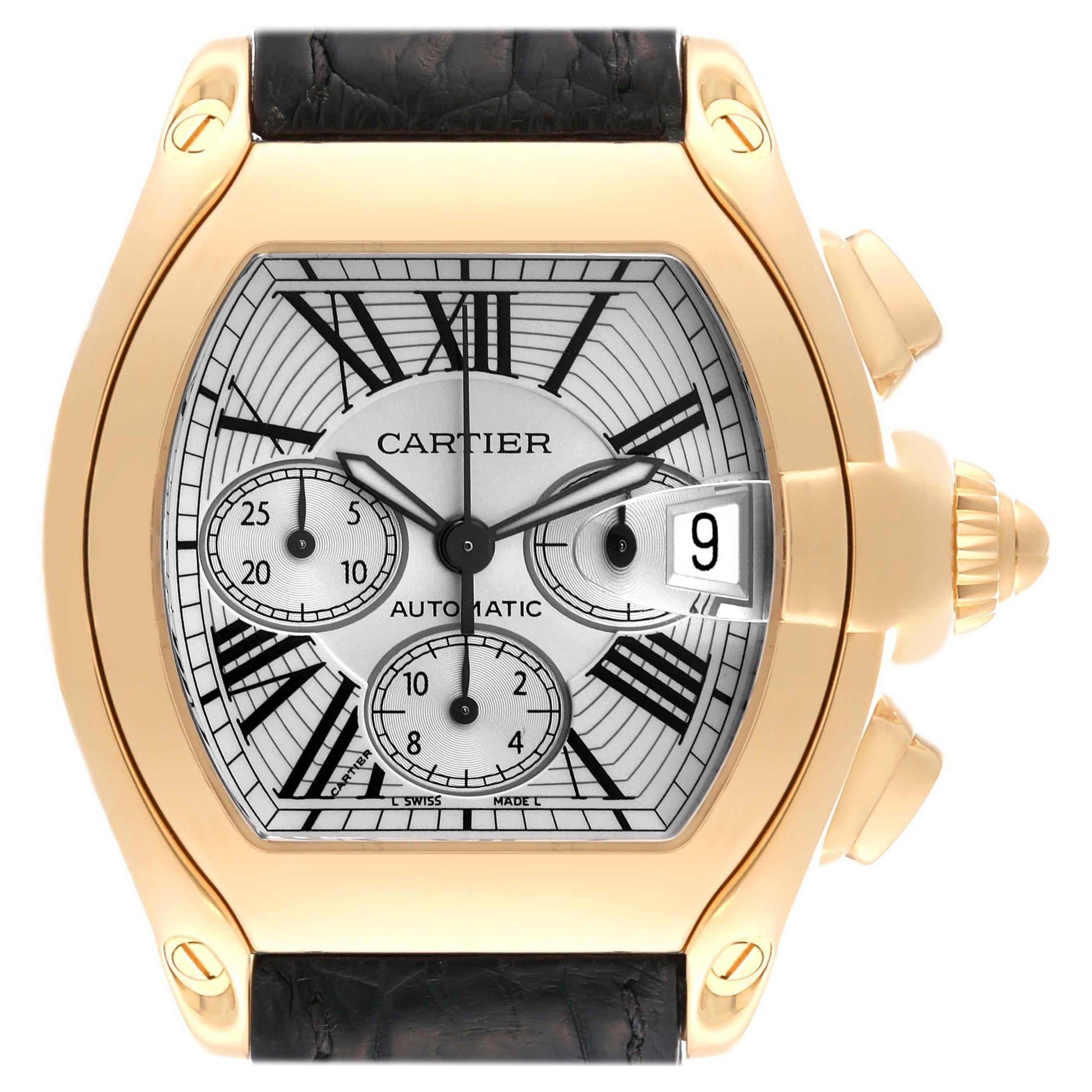 Cartier Roadster Chronograph Yellow Gold Black Strap Mens Watch W62021Y3 For Sale