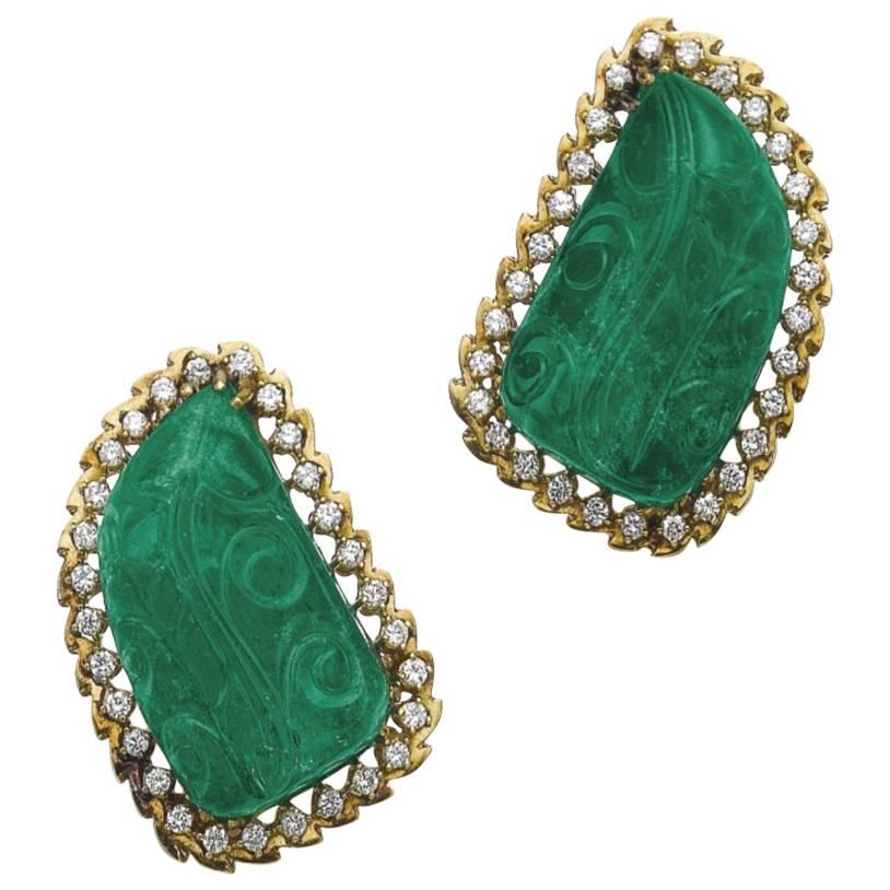 1970 Carved Emerald Diamonds Ear Clips  For Sale