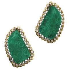 Vintage 1970 Carved Emerald Diamonds Ear Clips 