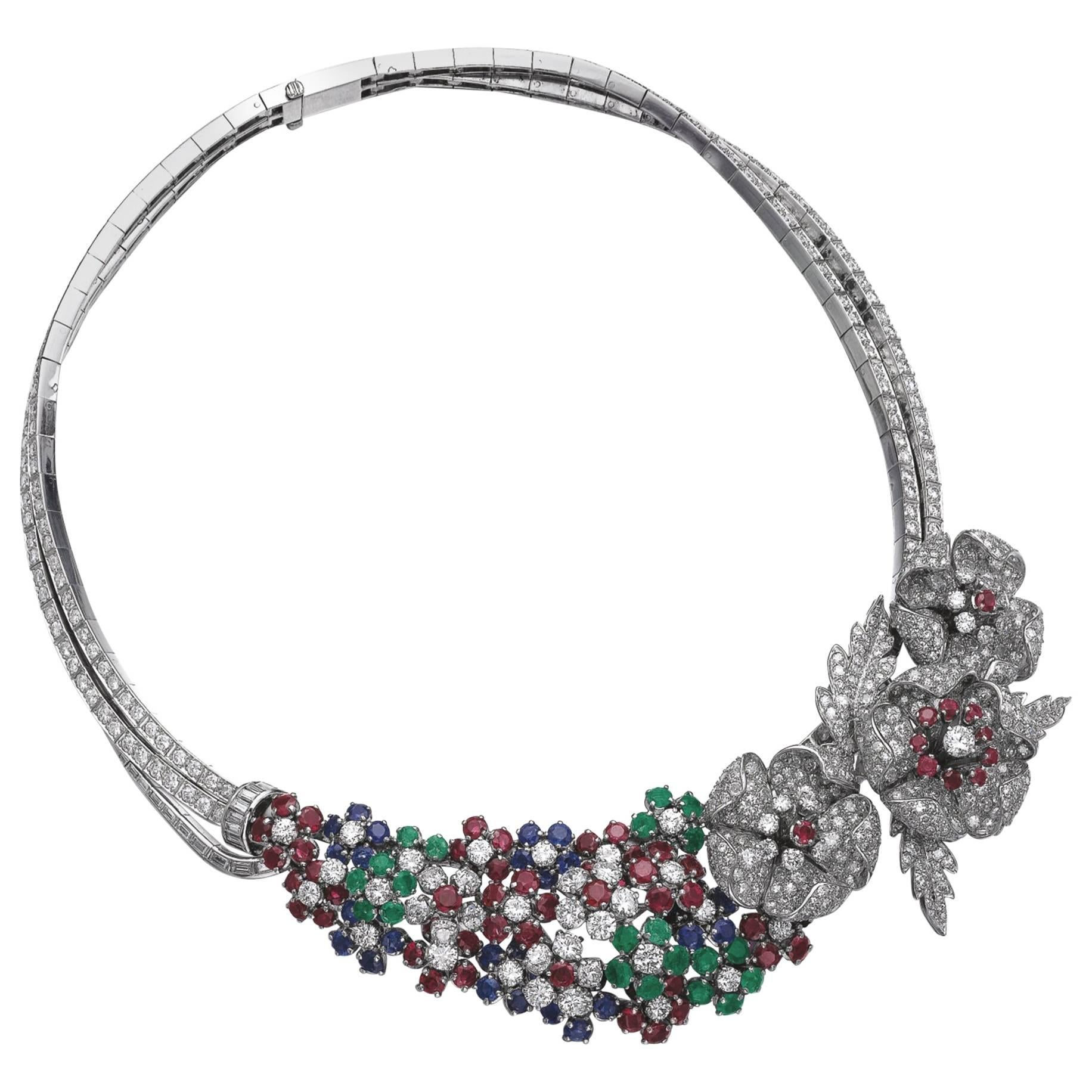 Marchak Important Ruby Sapphire Emerald Diamond Platinum Necklace