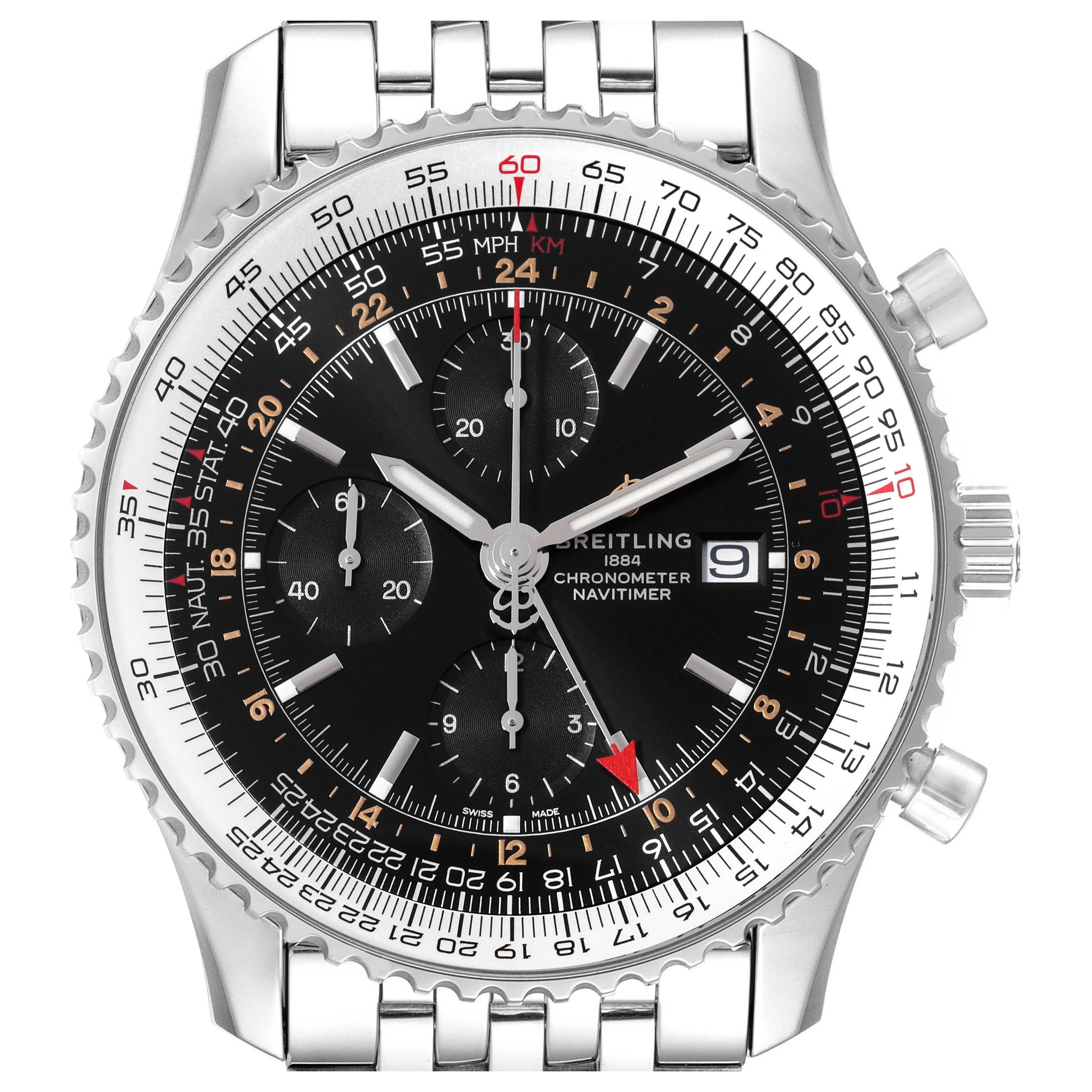 Breitling Navitimer World Black Dial Steel Mens Watch A24322 Box Card For Sale